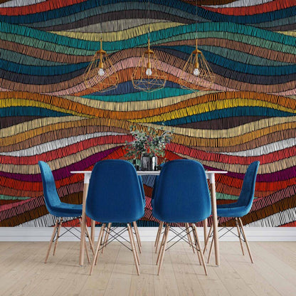 Traditional Colorful Waves Wallpaper, Vibrant Colored Wall Mural, Peel and Stick Wallpaper, Stylish Room Design, Geometric Pattern Wallpaper