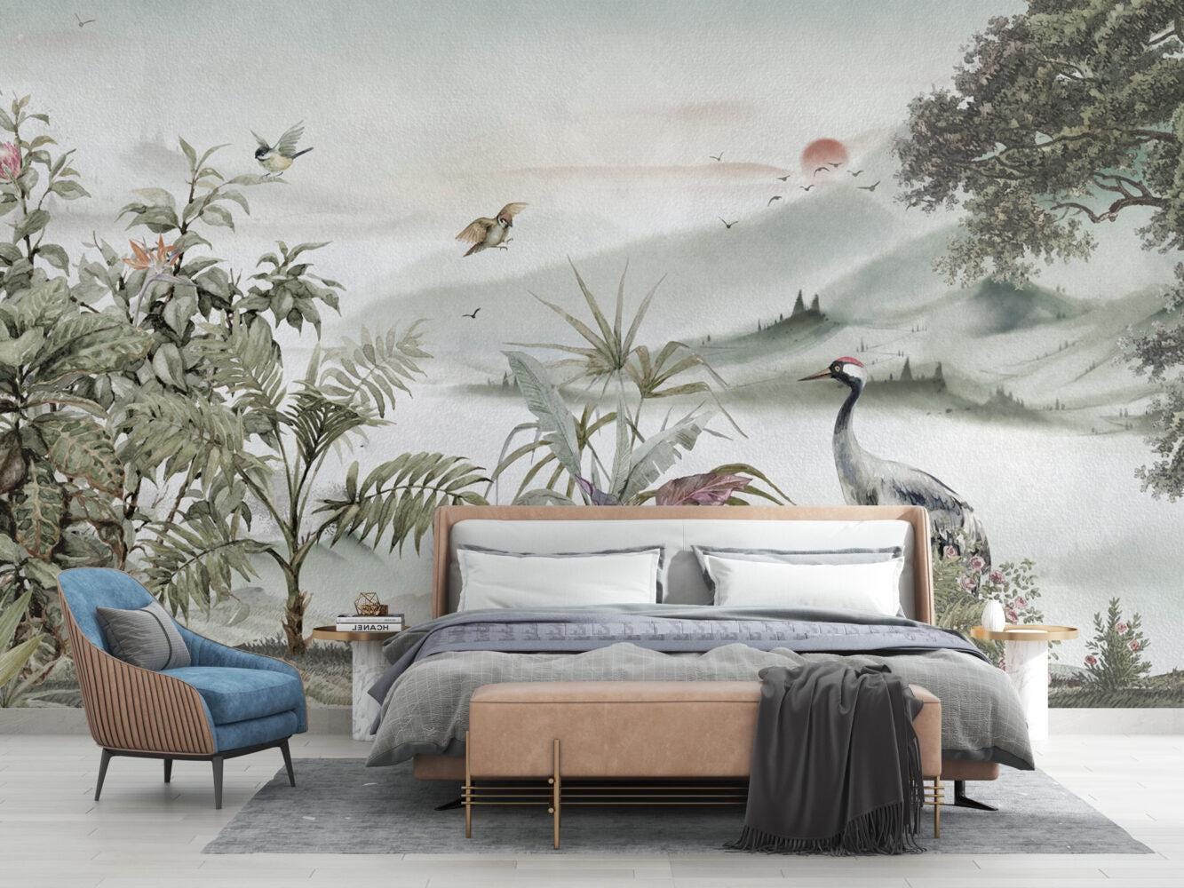 Stork and Flashy Wallpaper in Beige Soft Tones, Calm Designed Wallpaper, Nature Wall Mural, Peel and Stick Wallpaper, Tropical Wallpaper