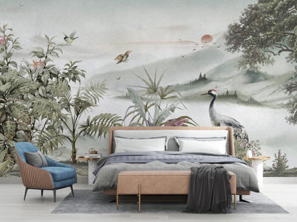 Stork and Flashy Wallpaper in Beige Soft Tones, Calm Designed Wallpaper, Nature Wall Mural, Peel and Stick Wallpaper, Tropical Wallpaper