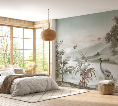 Stork and Flashy Wallpaper in Beige Soft Tones, Calm Designed Wallpaper, Nature Wall Mural, Peel and Stick Wallpaper, Tropical Wallpaper