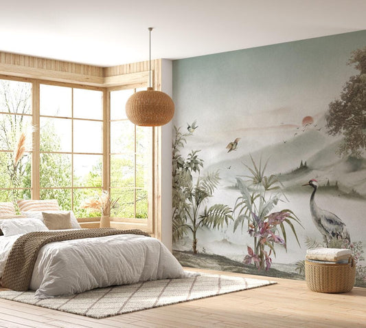 Stork and Flashy Wallpaper in Beige Soft Tones, Calm Designed Wallpaper, Nature Wall Mural, Peel and Stick Wallpaper, Tropical Wallpaper