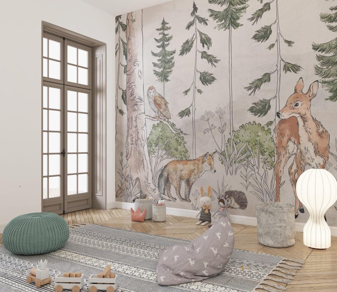 Wild Jungle Cartoon Animals Wallpaper For Kidsroom, Childrens Wallpaper, Wall Mural Nursery,  Gazelle, Wolf, Owl, Hedgehog Wallpaper