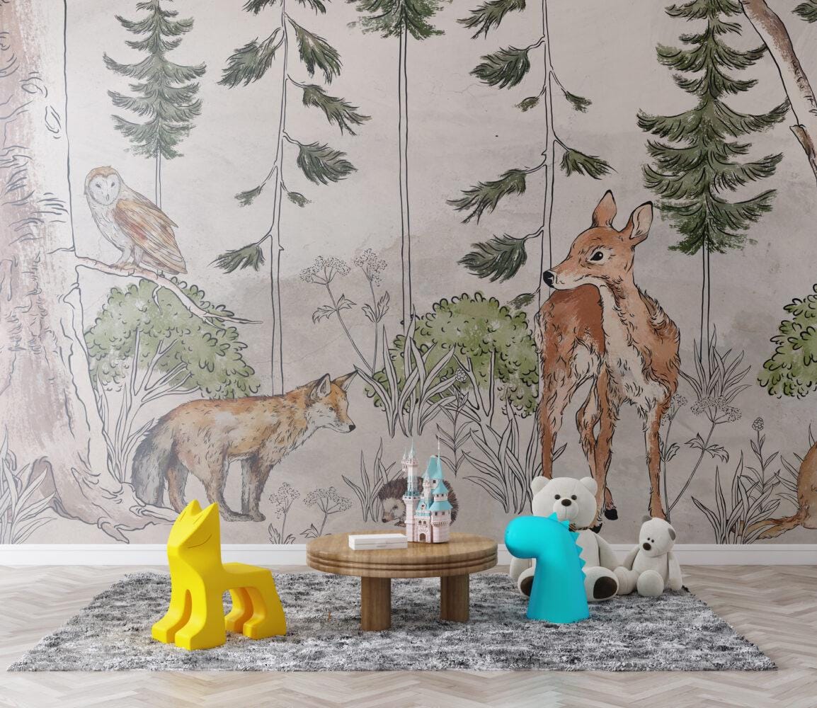 Wild Jungle Cartoon Animals Wallpaper For Kidsroom, Childrens Wallpaper, Wall Mural Nursery,  Gazelle, Wolf, Owl, Hedgehog Wallpaper