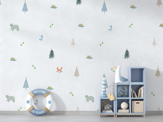 3D Wallpaper with Animals and Trees Pattern on a White Background, illustration Wallpaper Nursery, Fun Watercolor Wallpaper for Kids