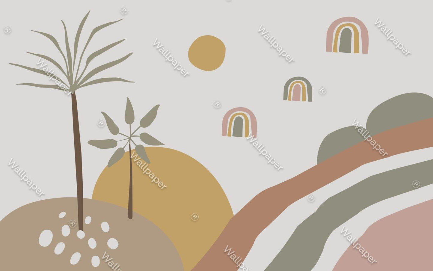 Palm Tree Rainbow Kids Wallpaper in Boho Colors, Illustration Wallpaper Nursery, Colourful Kid Art Wallpaper,Creative Watercolor Child Mural