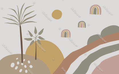 Palm Tree Rainbow Kids Wallpaper in Boho Colors, Illustration Wallpaper Nursery, Colourful Kid Art Wallpaper,Creative Watercolor Child Mural