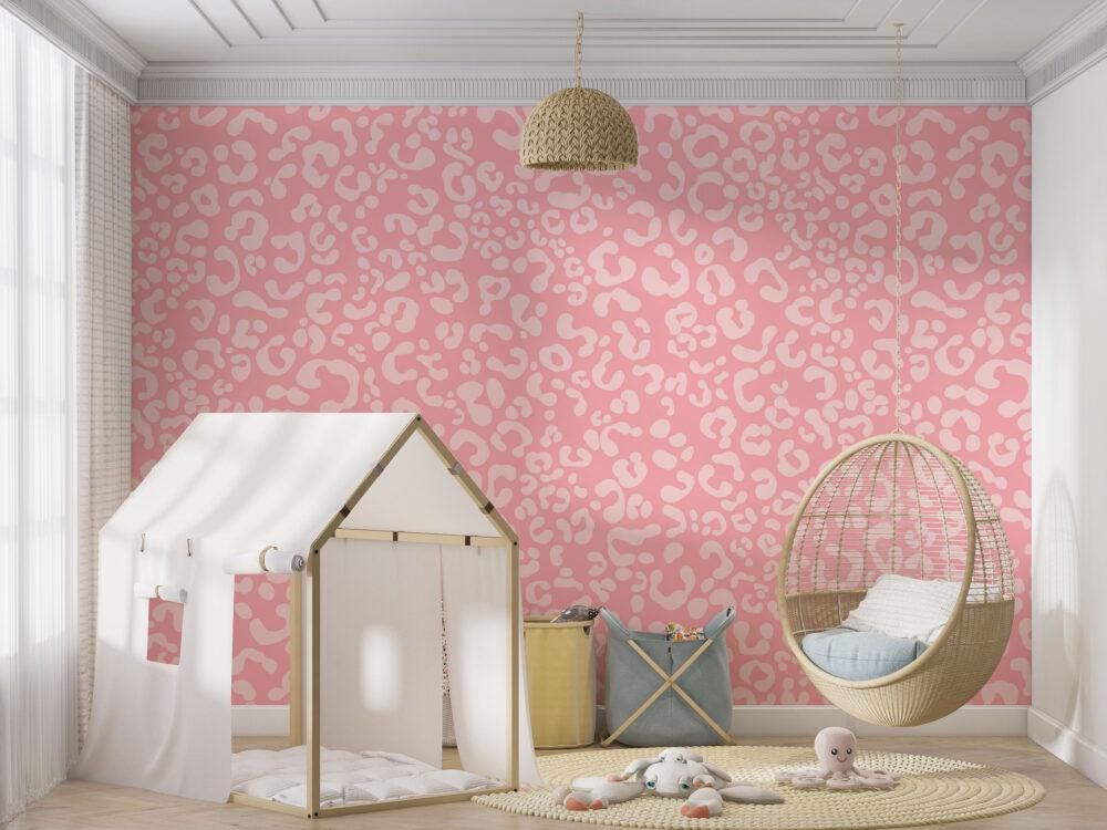 Pink Leopard Pattern Kids Wallpaper, Wallpaper Nursery, Child Wallpaper, İllustration Baby Wallpaper, Fun Wallpaper, Wallpaper for School