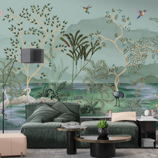 Pelican and Crane Birds Wallpaper with Lake View in Green Blue Tones Wallpaper, Bohemian Wallpaper, Vintage Nature Mural, Tropical Wallpaper