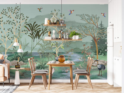 Pelican and Crane Birds Wallpaper with Lake View in Green Blue Tones Wallpaper, Bohemian Wallpaper, Vintage Nature Mural, Tropical Wallpaper