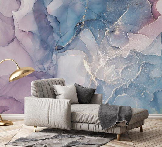 Abstract Marble Texture Acrylic Paints Wallpaper, Wallpaper in Blue and Purple Tones, Stylish Room Design, Modern Wallpaper, Cool Mural