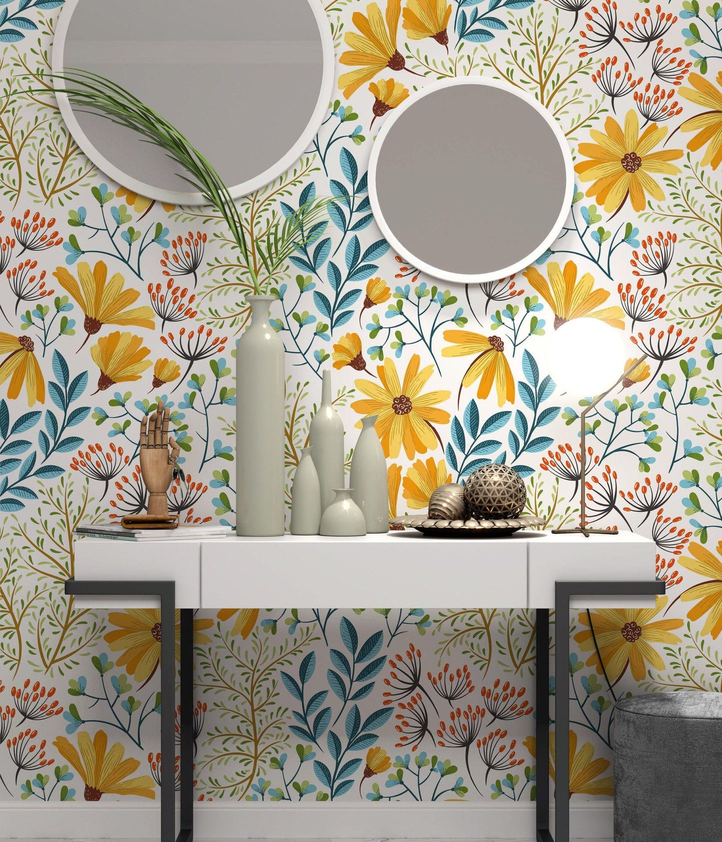 Colorful Live Flowers Background Wallpaper, Illustration Wallpaper, Peel Stick Watercolor Wallpaper, Mini Flowers Wallpaper, Botanical Mural