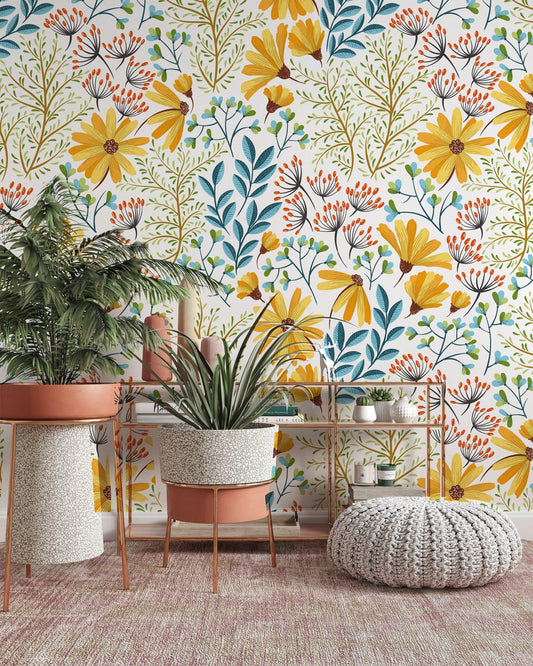 Colorful Live Flowers Background Wallpaper, Illustration Wallpaper, Peel Stick Watercolor Wallpaper, Mini Flowers Wallpaper, Botanical Mural
