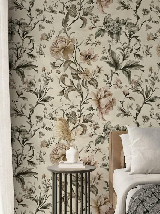 Elegant Spring Touch Wallpaper, Spring Flowers Wallpaper, Vintage Floral Wallpaper, Romantic Mural, Bloom Drawing Wallpaper, Beige Wallpaper