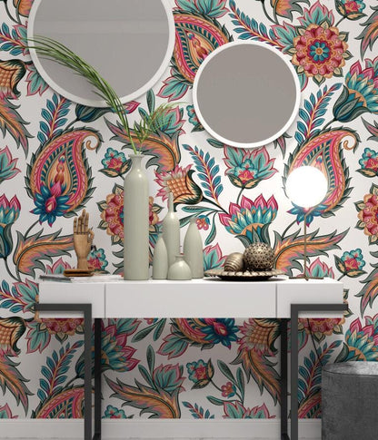 Traditional Oriental Paisley Pattern Vintage Modern Luxury Wallpaper, Spring Flowers Wallpaper, Floral Wallpaper, Romantic Drawing Mural