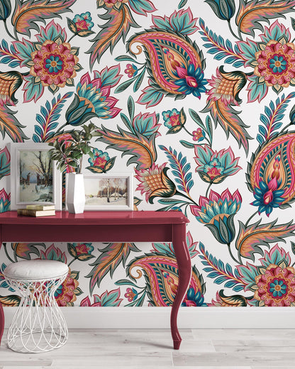 Traditional Oriental Paisley Pattern Vintage Modern Luxury Wallpaper, Spring Flowers Wallpaper, Floral Wallpaper, Romantic Drawing Mural