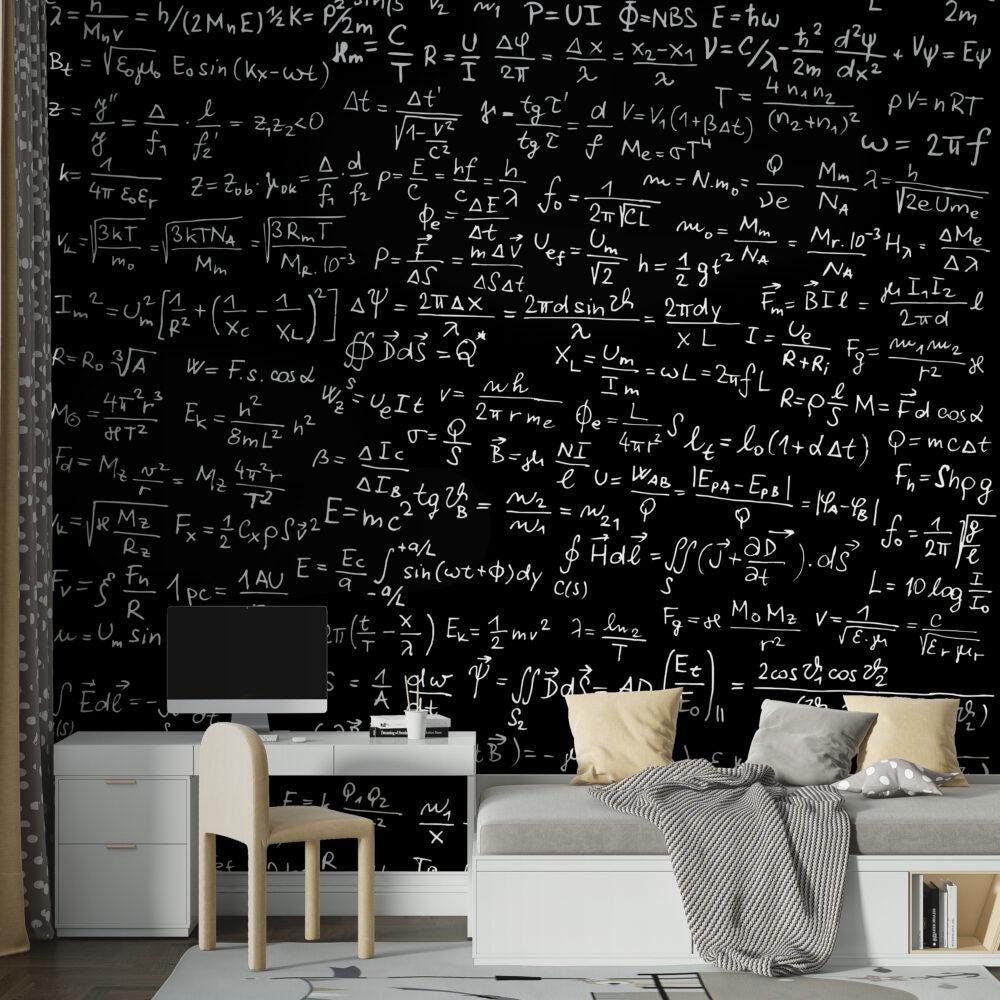 Math Formulas on Chalkboard Wallpaper, School Wallpaper, Tutorial Wallpaper, Black & White Wallpaper, Handwriting for Math Lovers Wallpaper