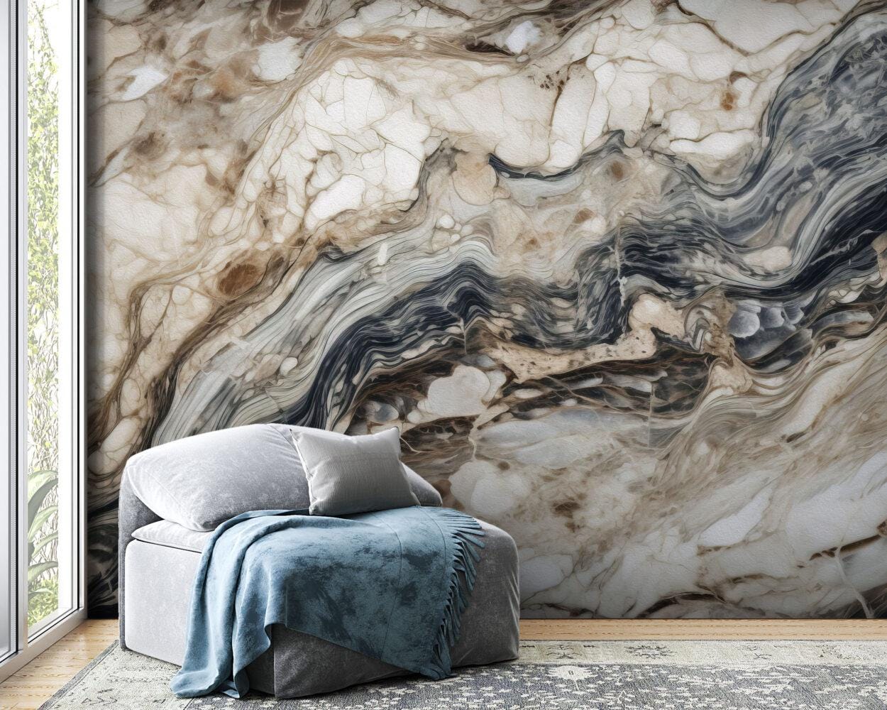 Brown and Black Veined Marble Pattern Wallpaper, Design Abstract Peel and Stick Wallpaper, Modern Natural Looking Marble Pattern Wallpaper