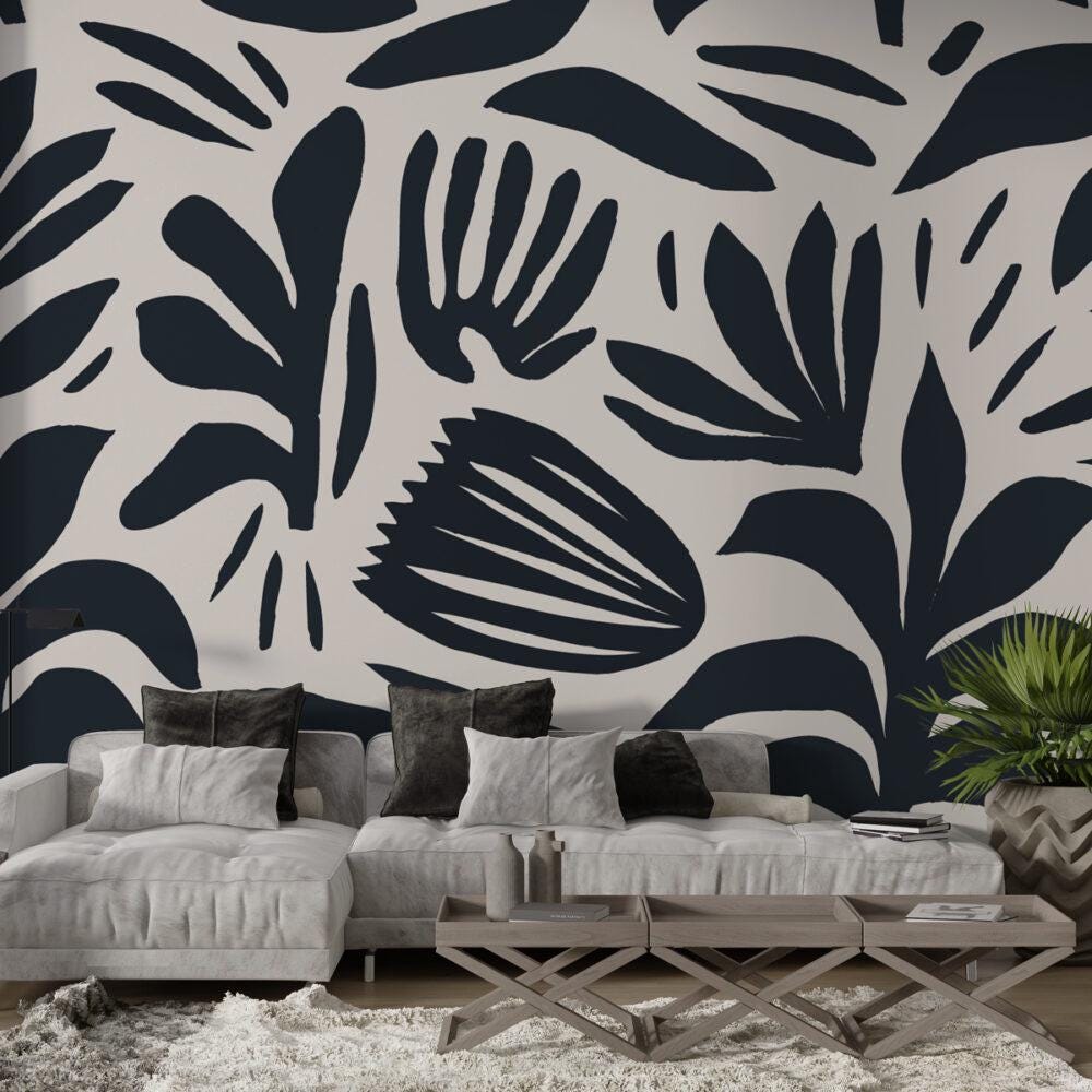 Black and White Abstract Flower Motifs Wallpaper, Dynamic Shaped Wallpaper, Special Design Asymmetrical patterned Mural, Bathroom Wallpaper