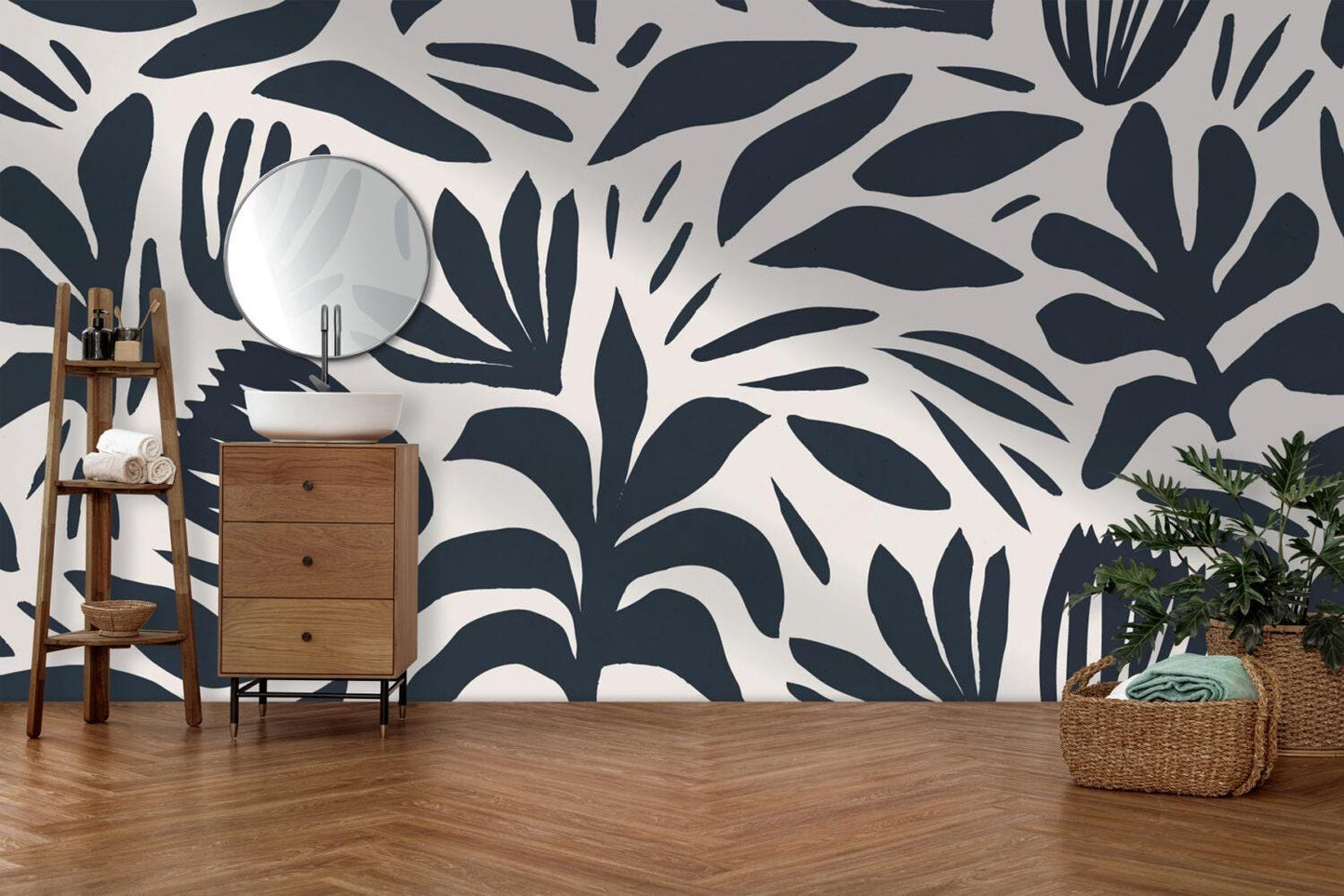Black and White Abstract Flower Motifs Wallpaper, Dynamic Shaped Wallpaper, Special Design Asymmetrical patterned Mural, Bathroom Wallpaper