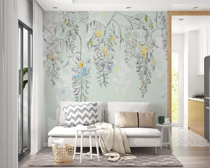 Hanging Vine Flowers Wallpaper, Floral Wallpaper, Colourful Romantic Wall Mural, Peel and Stick Wallpaper, Spring Themed Drawing Wallpaper