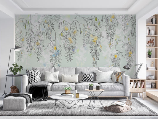 Hanging Vine Flowers Wallpaper, Floral Wallpaper, Colourful Romantic Wall Mural, Peel and Stick Wallpaper, Spring Themed Drawing Wallpaper