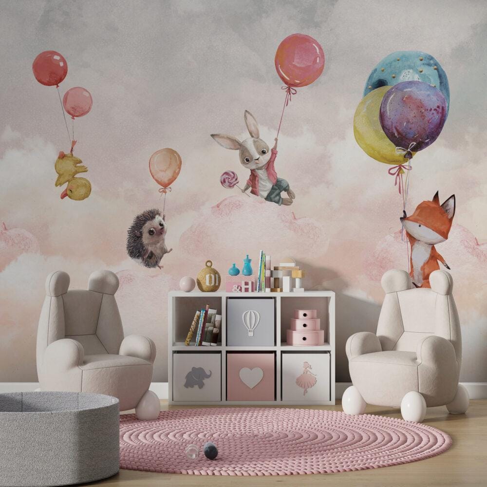 Cute Animals Holding on Balloons Wallpaper For Kidsroom, Cute Animals Wallpaper Nursery, Childrens Wallpaper , Peel and Stick Baby Wallpaper