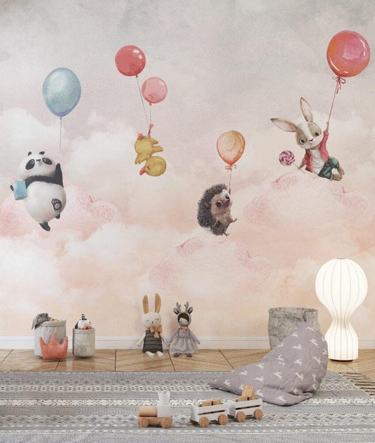 Cute Animals Holding on Balloons Wallpaper For Kidsroom, Cute Animals Wallpaper Nursery, Childrens Wallpaper , Peel and Stick Baby Wallpaper