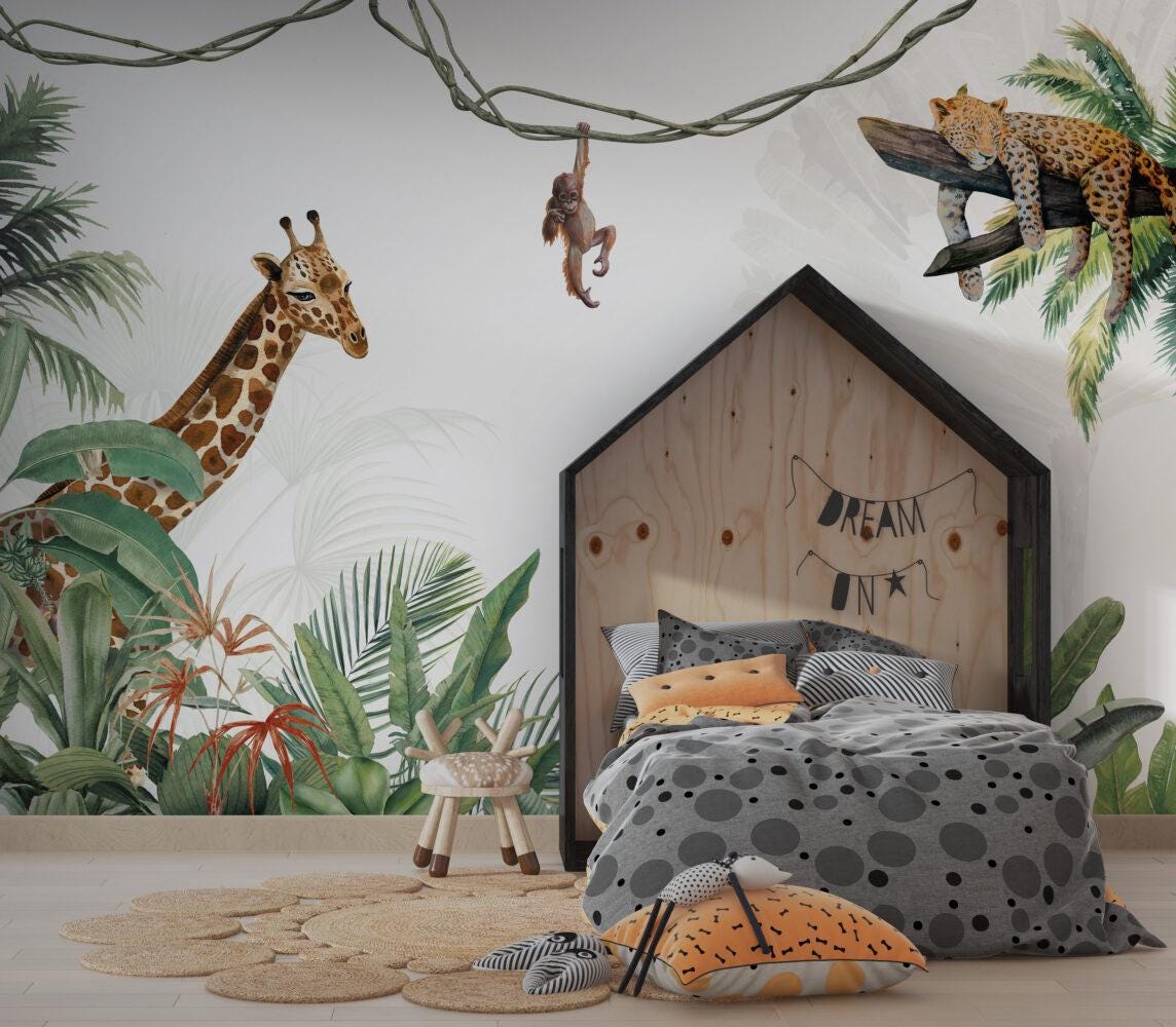 Sleepy Leopard and Friends in the Tropical Forest Wallpaper For Kidsroom, Childrens Wallpaper, Wall Mural Nursery, Wild Jungle Wallpaper