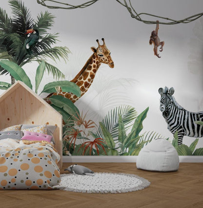 Sleepy Leopard and Friends in the Tropical Forest Wallpaper For Kidsroom, Childrens Wallpaper, Wall Mural Nursery, Wild Jungle Wallpaper