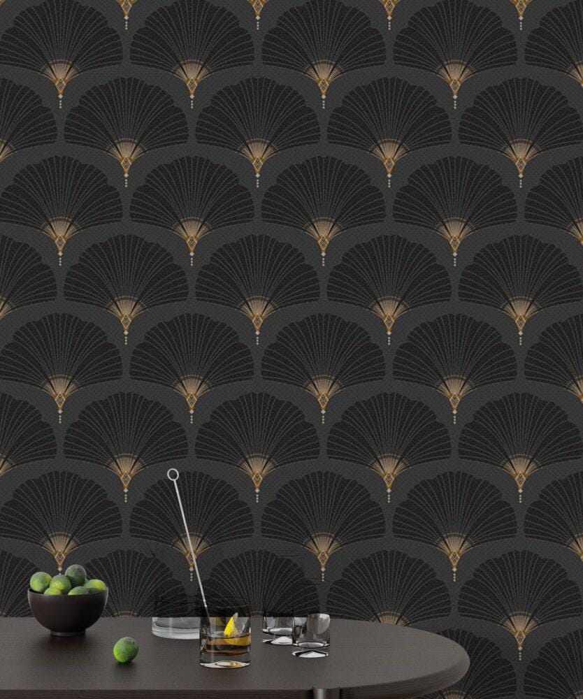 Black Fan Pattern Wallpaper, Abstract Wallpaper with Vintage Pattern, Boho Style Wallpaper, Design Wallpaper, Modern Pattern Wallpaper