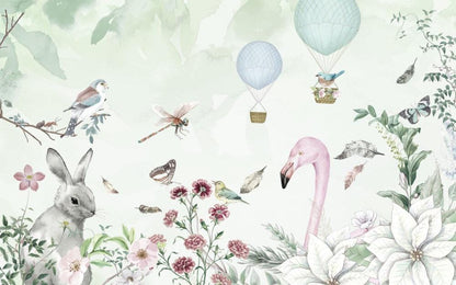 Rabbit, Bird and Flamingo Kids Wallpaper, Cute Animals Wallpaper Nursery, Child Wallpaper, Peel and Stick Wallpaper, Baby Girl Wallpaper