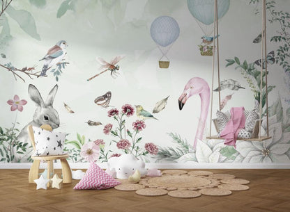 Rabbit, Bird and Flamingo Kids Wallpaper, Cute Animals Wallpaper Nursery, Child Wallpaper, Peel and Stick Wallpaper, Baby Girl Wallpaper