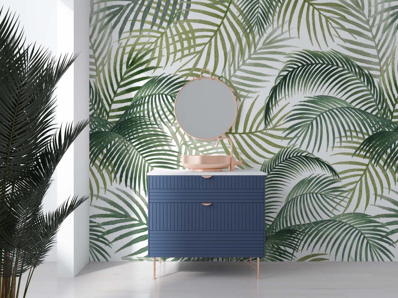 Tropical Green Palm Leaves Wallpaper, Green Plant Wallpaper, Bohemian Wallpaper, Leaf Mural, Botany Peel & Stick Wallpaper, Green Wallpaper