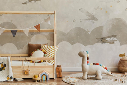 Soft Colored Airplanes and Clouds Kids Wallpaper, Illustration Wallpaper Nursery, Stars and Clouds Kids Wallpaper, Beige Baby Wallpaper