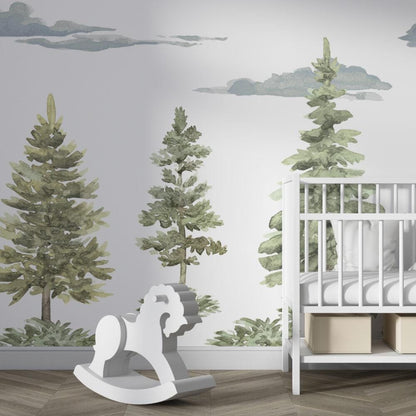 Soft Colored Tree Kids Wallpaper, Pine Trees Wallpaper Nursery , Nature Kids Wall Mural, Forest Childroom Wallpaper, Kindergarten Wallpaper