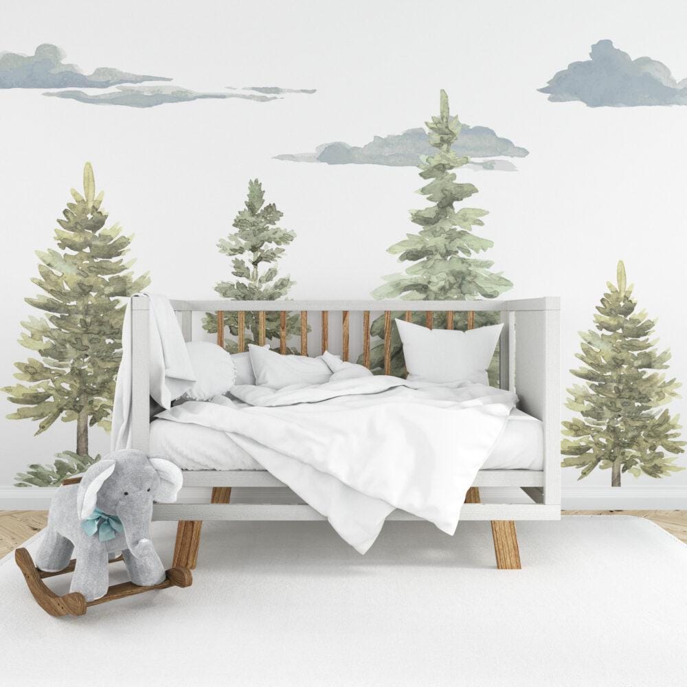 Soft Colored Tree Kids Wallpaper, Pine Trees Wallpaper Nursery , Nature Kids Wall Mural, Forest Childroom Wallpaper, Kindergarten Wallpaper