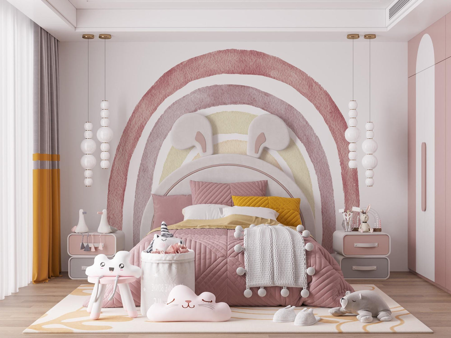Rainbow Kids Wallpaper in Soft Colors, Watercolor Wallpaper for Kidsroom, Pink Wallpaper Nursery, Colourful Cute Baby Girl Wallpaper