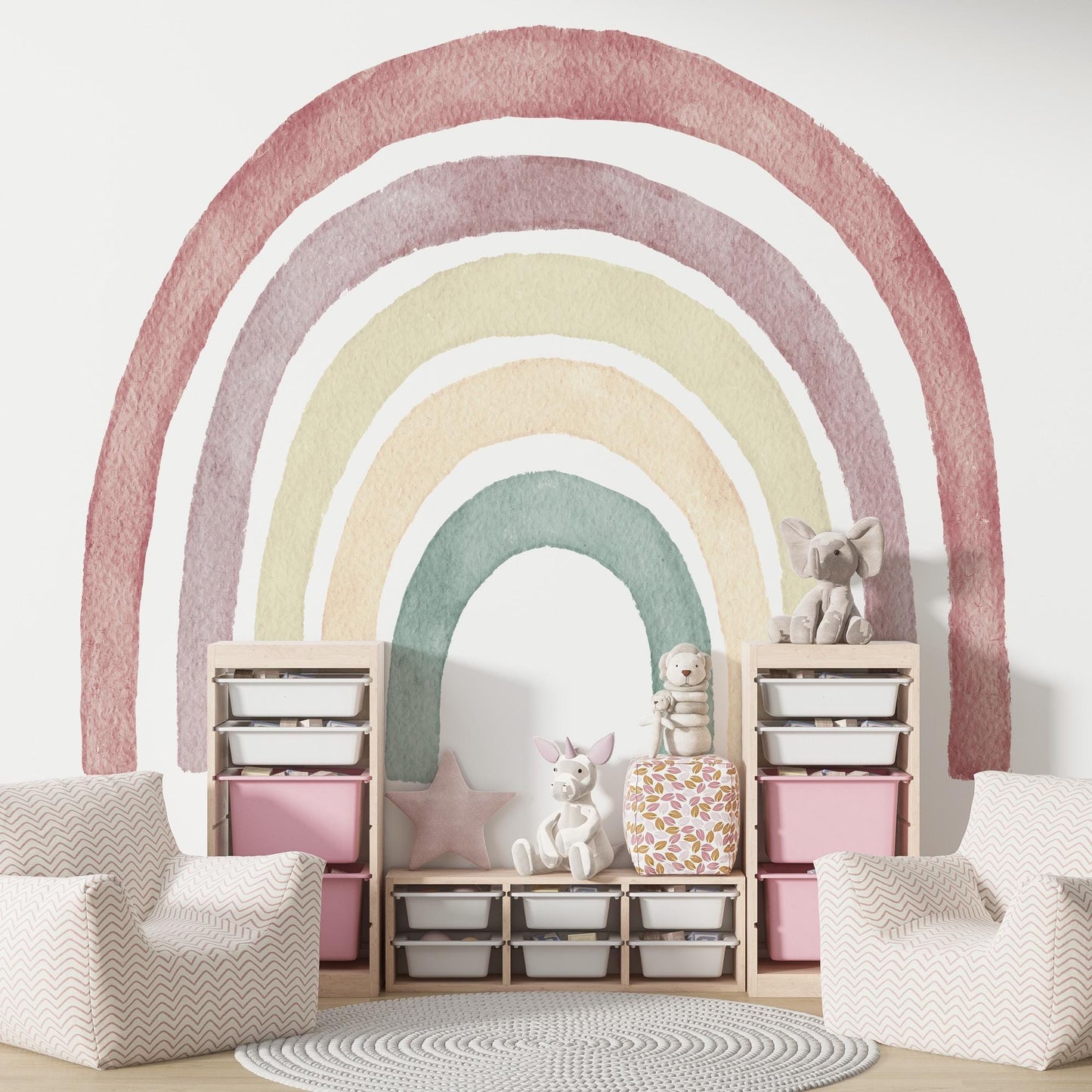 Rainbow Kids Wallpaper in Soft Colors, Watercolor Wallpaper for Kidsroom, Pink Wallpaper Nursery, Colourful Cute Baby Girl Wallpaper