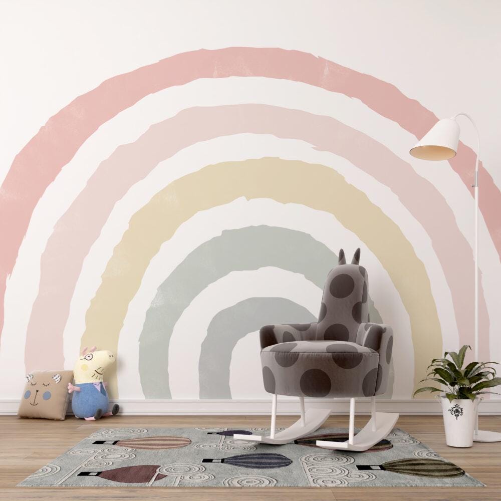Rainbow Kids Wallpaper For Kidsroom in Light Shades, Soft Wallpaper Nursery, Child Wallpaper, Peel and Stick Wallpaper, Baby Girl Wallpaper