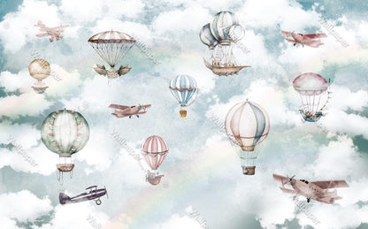 Balloons Flying in the Sky Wallpaper For Kidsroom, Cute Animals Wallpaper Nursery, Soft Childrens Wallpaper , Peel and Stick Baby Wallpaper
