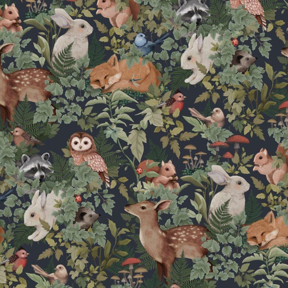 Jimmy Cricket Pattern Wallpaper in Dark Colors, illustration Wallpaper Nursery, Peel and Stick Wallpaper, Watercolor Rabbit Child Wallpaper