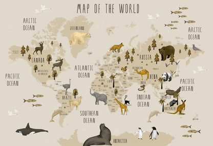 Animal World Map Kids Wallpaper, Children Wallpaper , Peel and Stick Wallpaper Nursery, Baby Mural, Beige Colors Wallpaper