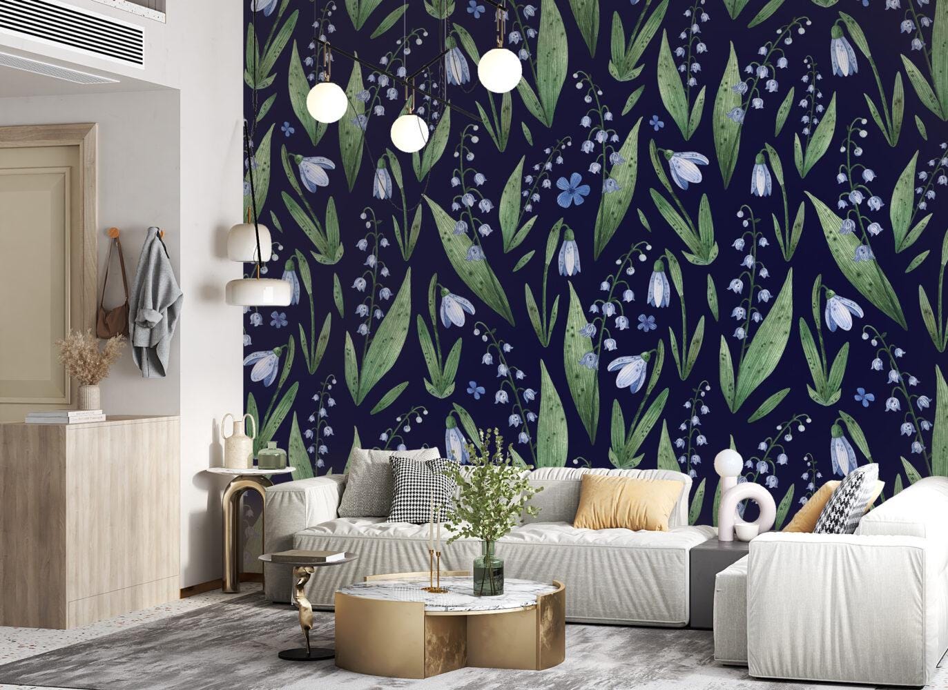 Snowdrop Flowers Minimalist Wallpaper, Navy Blue Illustration Wallpaper, Stylish Room Design, Modern Abstract Pattern Wallpaper