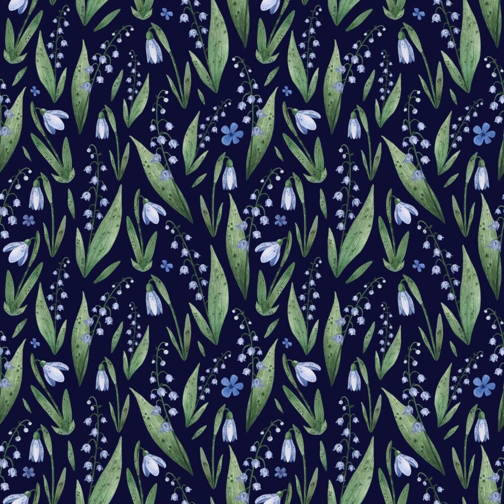 Snowdrop Flowers Minimalist Wallpaper, Navy Blue Illustration Wallpaper, Stylish Room Design, Modern Abstract Pattern Wallpaper