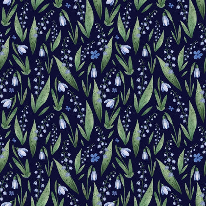 Snowdrop Flowers Minimalist Wallpaper, Navy Blue Illustration Wallpaper, Stylish Room Design, Modern Abstract Pattern Wallpaper