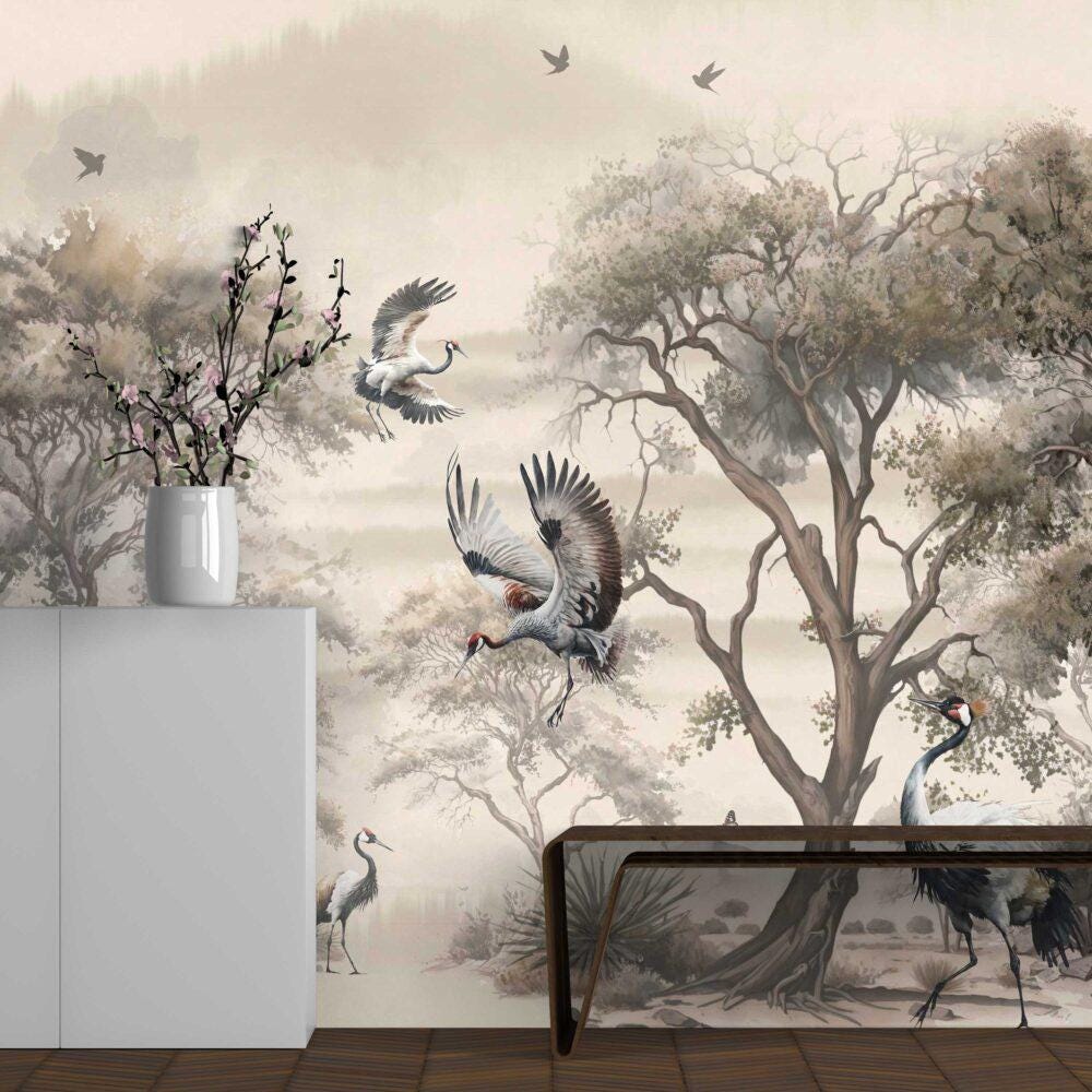 Cranes and Forest Trees Wallpaper, Mystic Artistic Wallpaper, Romantic Drawing Wallpaper, Bohemian Wallpaper, Vintage Nature Wallpaper