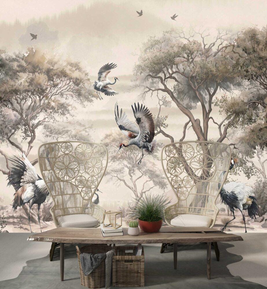 Cranes and Forest Trees Wallpaper, Mystic Artistic Wallpaper, Romantic Drawing Wallpaper, Bohemian Wallpaper, Vintage Nature Wallpaper