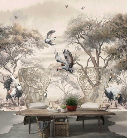 Cranes and Forest Trees Wallpaper, Mystic Artistic Wallpaper, Romantic Drawing Wallpaper, Bohemian Wallpaper, Vintage Nature Wallpaper