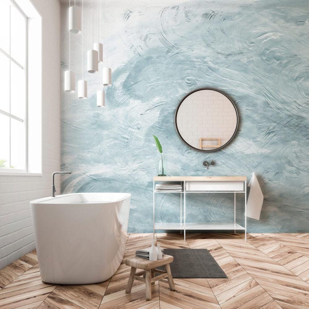 Aesthetic Wall Texture Blue Color Wallpaper, Boho Style Pattern Wallpaper, Water Waves Bathroom Wallpaper, Abstract Pattern Wallpaper