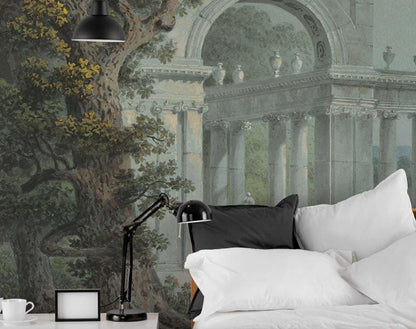 Arched Marble Columns by the River Wallpaper, Bohemian Peel and Stick Wallpaper, Antique Wallpaper, Nostalgic Wallpaper, Drawwing Wallpaper